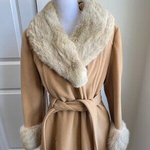 Vintage Belted Wool Wrap Coat with Fur Collar and Cuffs